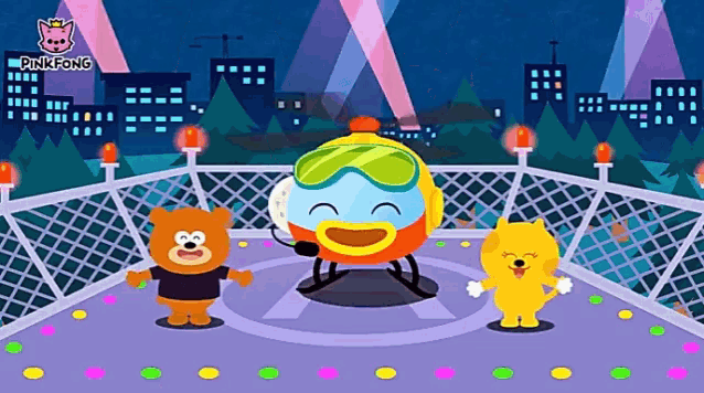 a pinkfong cartoon shows a helicopter with a microphone on it