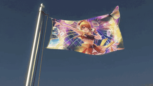 a flag with a picture of a girl on it flying in the wind