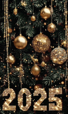 a christmas tree decorated with gold ornaments and the year 2025