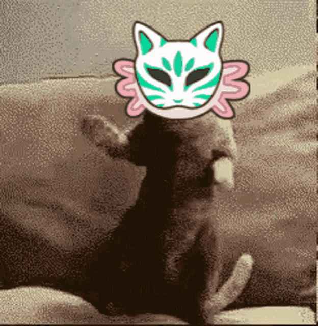 a cat wearing a green and white mask with pink wings sits on a couch