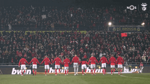 a row of soccer players standing in front of a bwin sign