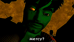 a close up of a cartoon character 's face with glowing yellow eyes