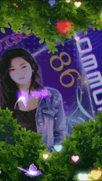 a painting of a woman in front of a sign that says ' 86 '