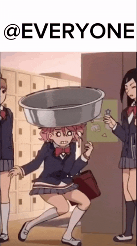 a girl with a bowl on her head is surrounded by other girls