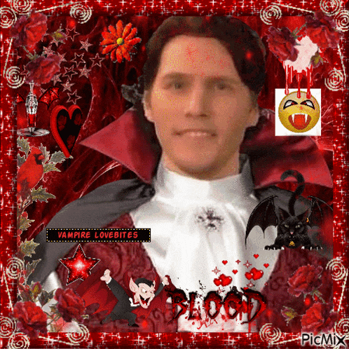 a picture of a man dressed as a vampire with the words vampire lovebites in the corner
