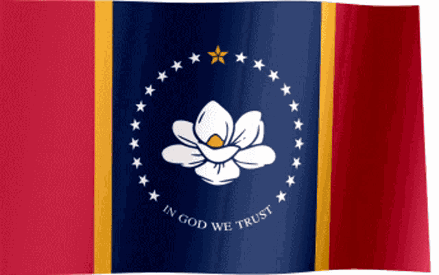 a flag with a flower and the words in god we trust on it