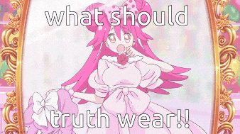 a picture of a girl in a pink dress with a caption that says what should truth wear