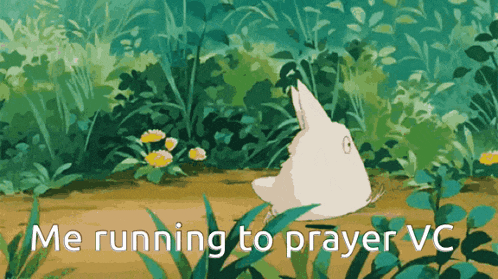 a cartoon of a rabbit with the words " me running to prayer vc " below it