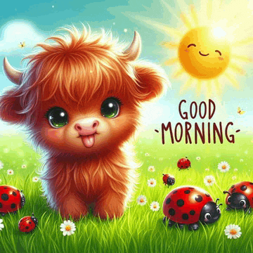 a baby cow is standing in a field with ladybugs and the words good morning written on the bottom
