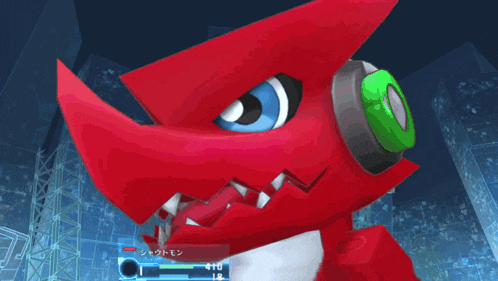 a red and white cartoon character with blue eyes and a green headband