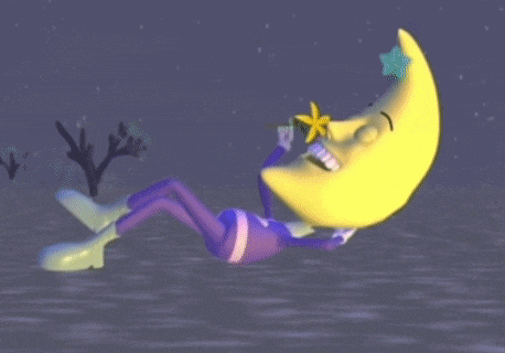 a cartoon character is laying on a crescent moon holding a star .