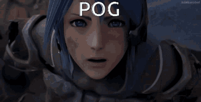 a close up of a person 's face with the word pog written on it