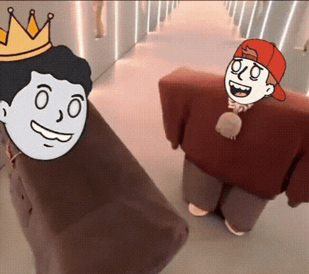 two cartoon characters are standing next to each other in a hallway . one of the characters has a crown on his head .