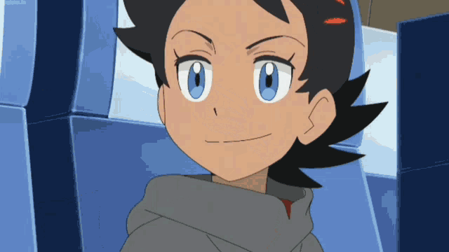a cartoon character with black hair and blue eyes