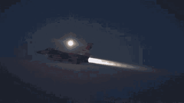 a fighter jet is flying through a dark night sky with the sun shining brightly in the background