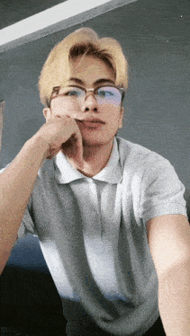 a young man wearing glasses and a grey polo shirt is taking a selfie
