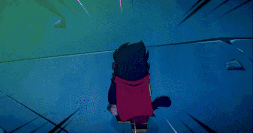 a cartoon character is flying through the air with a sword .