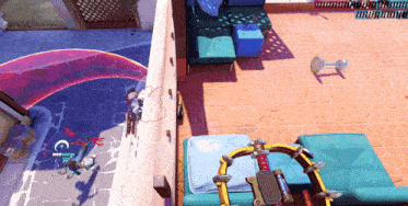 a video game is being played on a patio with a blue couch and dumbbells
