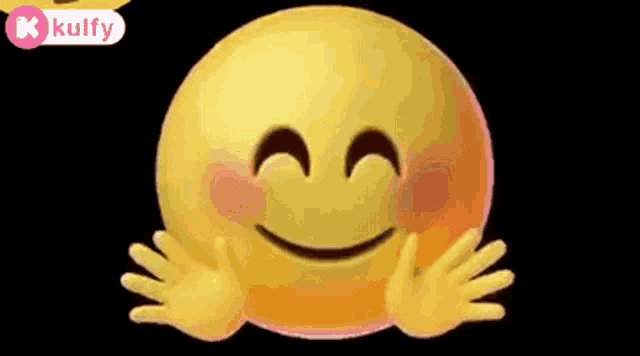 a yellow smiley face is hugging itself with its hands and smiling .