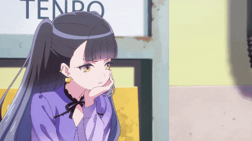 a girl in a purple dress stands in front of a sign that says " tendo "