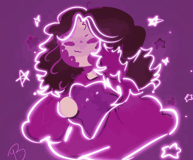 a drawing of a girl with glowing stars around her and the letter p on the bottom