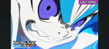 a close up of a person 's face with purple eyes in a beyblade burst anime .