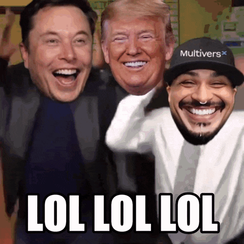 elon musk donald trump and a man wearing a multiverse hat