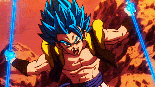 a cartoon character with blue hair is holding a pair of blue swords .