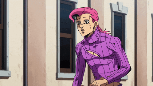 a cartoon character with pink hair and a purple shirt