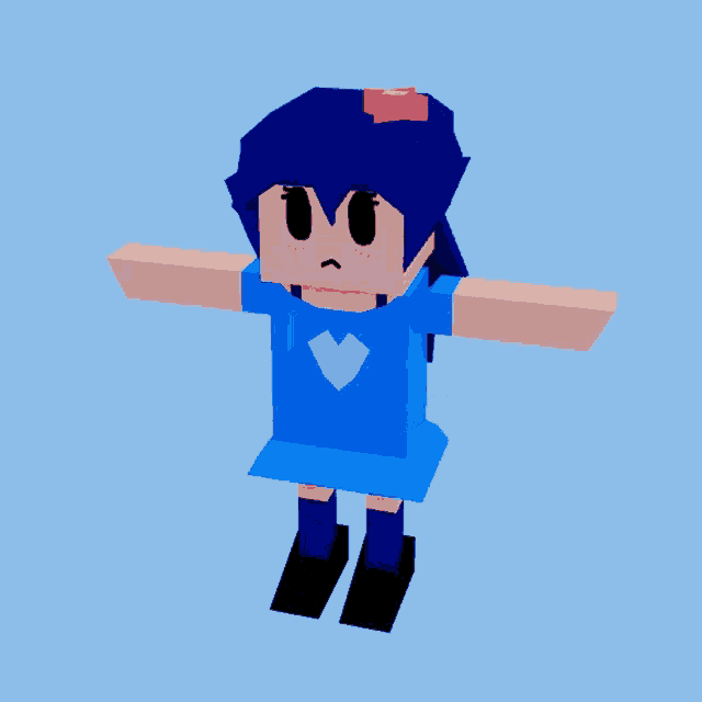 a cartoon character with blue hair and a red bow on her head