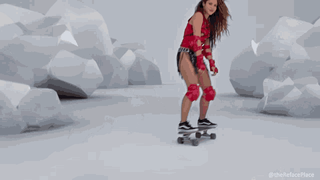 a woman in a red outfit is riding a skateboard with the refaceplace written on the bottom right