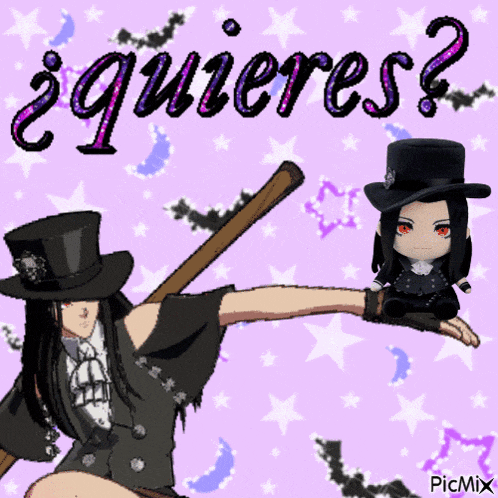a girl in a top hat is holding a bat in front of a pink background that says quieres