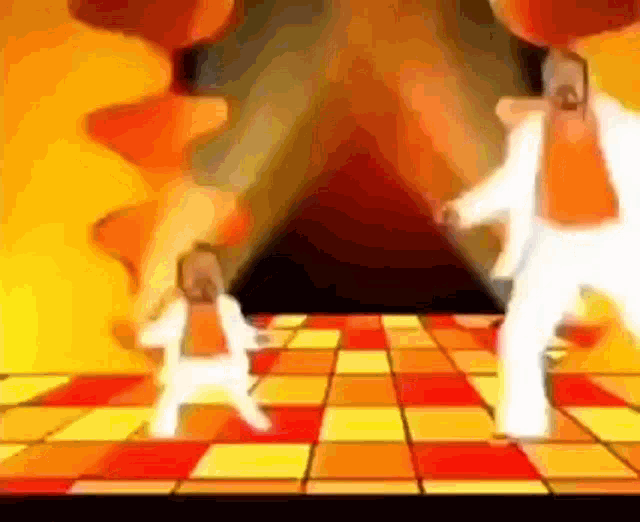 a man in a suit and tie is dancing on a colorful tiled floor
