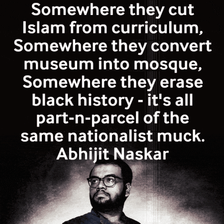 a man with glasses and a quote that says somewhere they cut islam from curriculum somewhere they convert museum into mosque