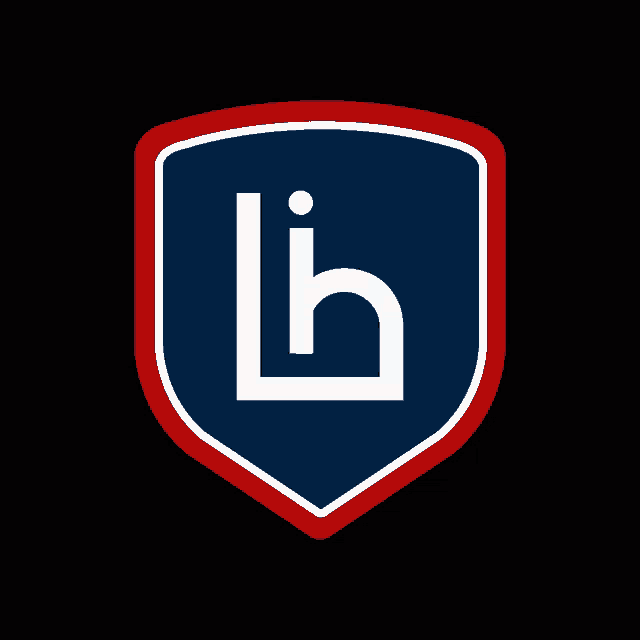 a blue and red shield with a white letter l on it