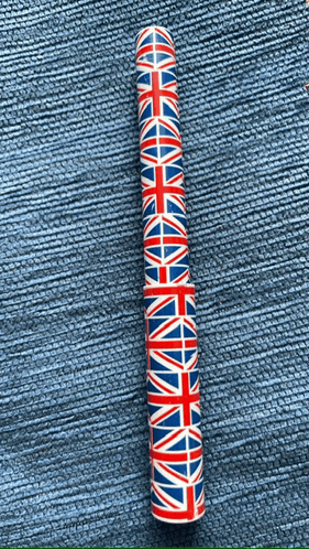 a red white and blue tube with a british flag design on it