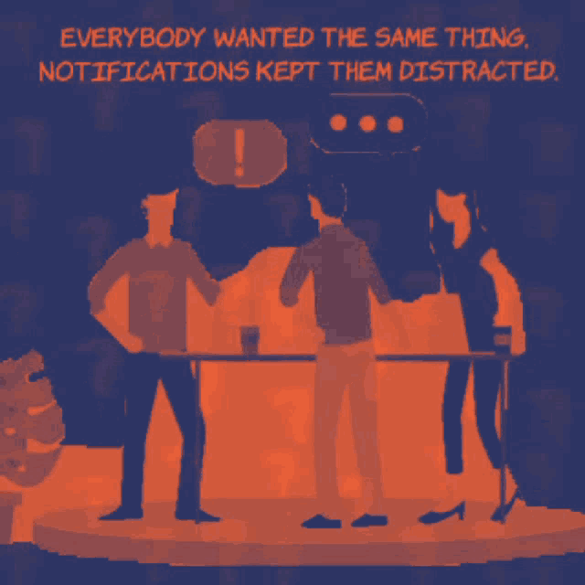 a group of people standing around a table with a speech bubble with an exclamation point on it