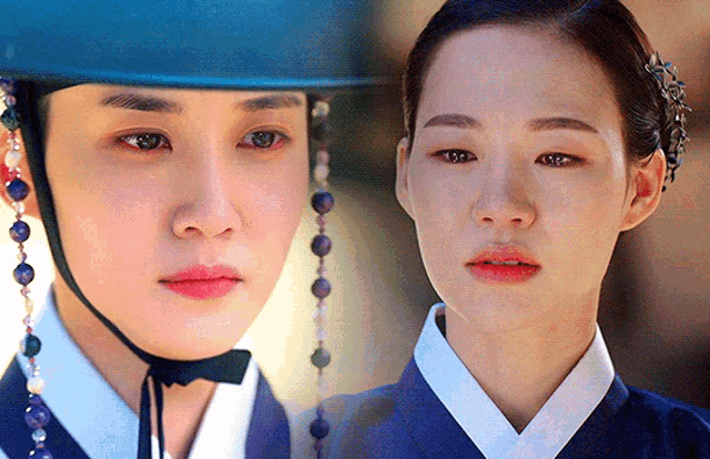 a close up of a woman wearing a blue hat and a close up of a woman wearing a blue kimono