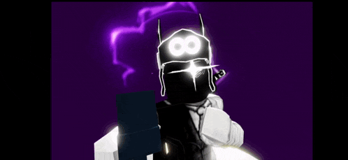 a black and white robot with a purple background and a purple light behind him .