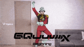 a man in a red suit is dancing in front of a sign that says " beginning " on it