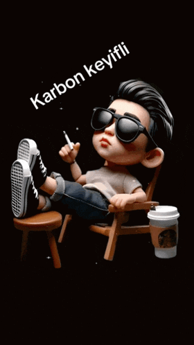 a boy wearing sunglasses sits in a chair with his legs crossed and a starbucks cup