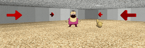 a cartoon character is standing in a room with red arrows pointing to the right and left