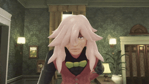 a cartoon character with long white hair and a bow tie