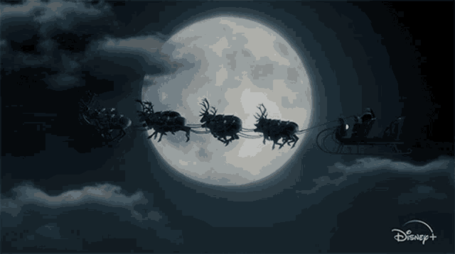a sleigh pulled by reindeer is flying in front of a full moon with a disney logo on the bottom right