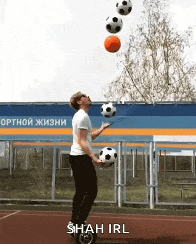a man is juggling soccer balls with shah irl written on the bottom