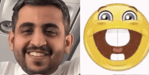 a man is smiling next to a smiley face with a big mouth