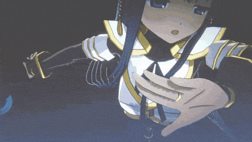 a girl with long blue hair is wearing a white and black outfit