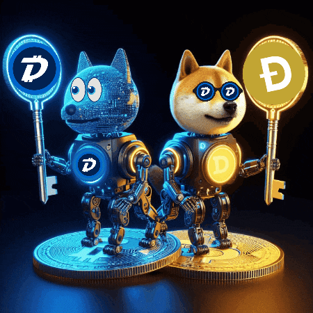 a doge holding a key next to a cat holding a key with the letter d on it