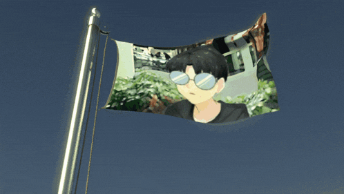 a flag with a picture of a boy with sunglasses on it