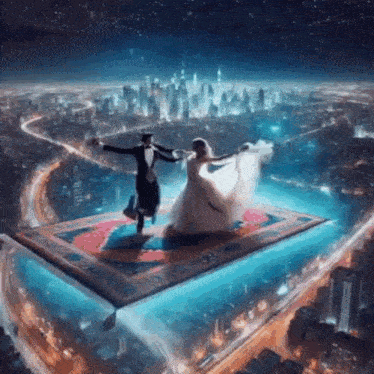 a man and a woman are dancing on a flying carpet over a city .